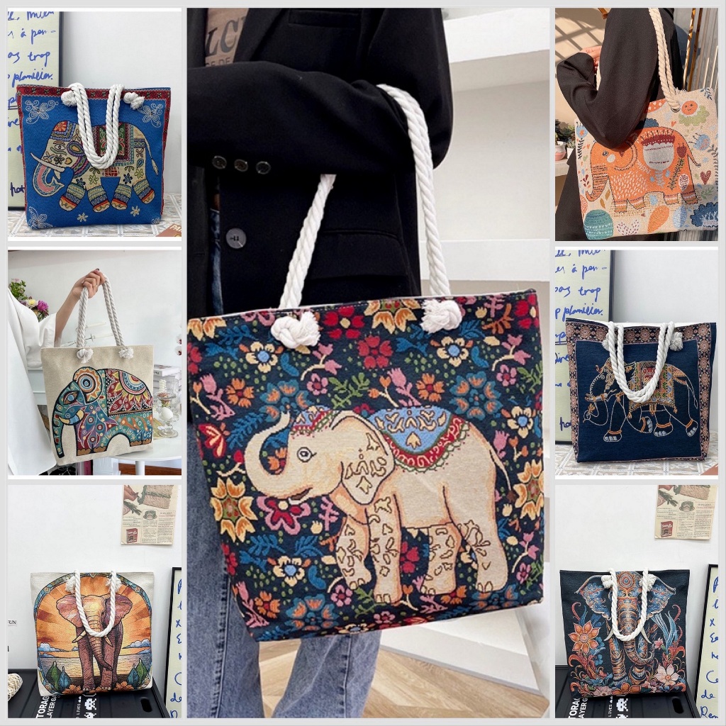Tas Tote Bag Kanvas Super Jumbo 47x42cm wanita motif gajah thailand bangkok tali sumbu kepang