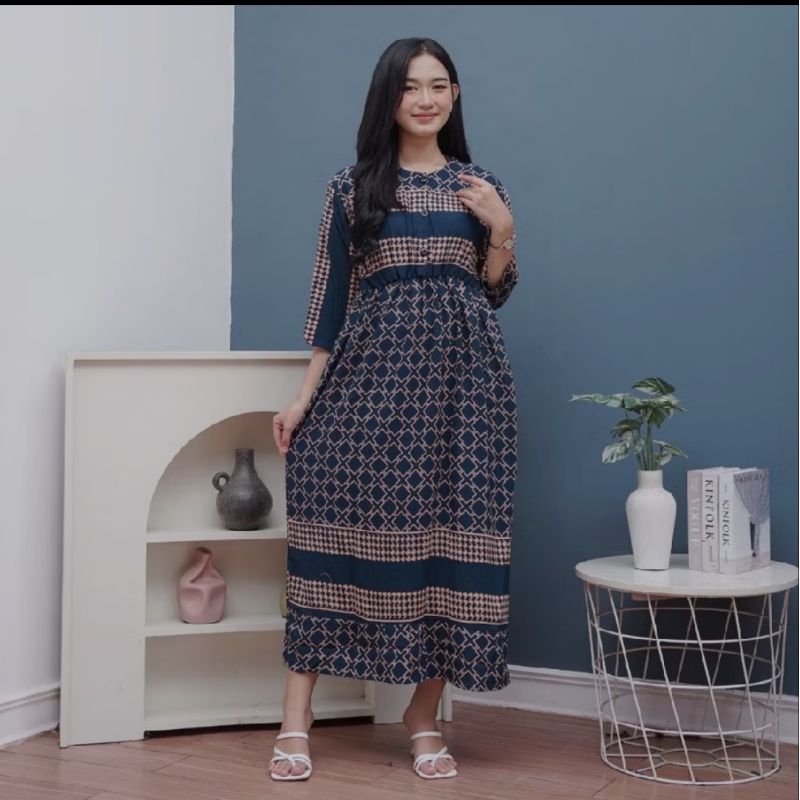 Daster Midi Dress Lengan Panjang Kekinian Kerut Dada Busui