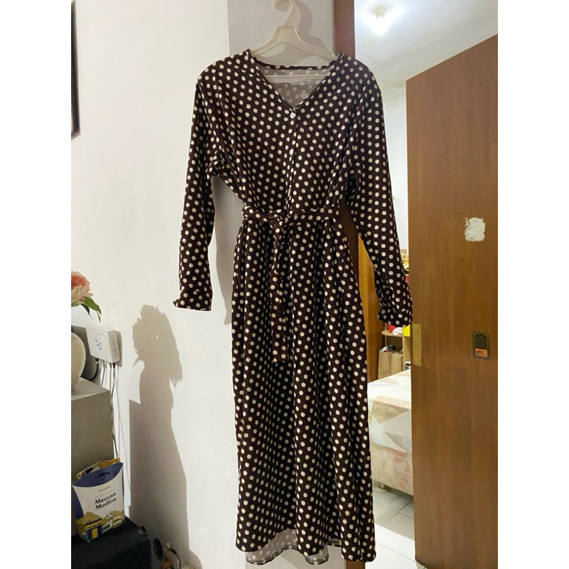 Preloved Nisa Cookie Gamis Dress Polkadot Elegant Earth Tone