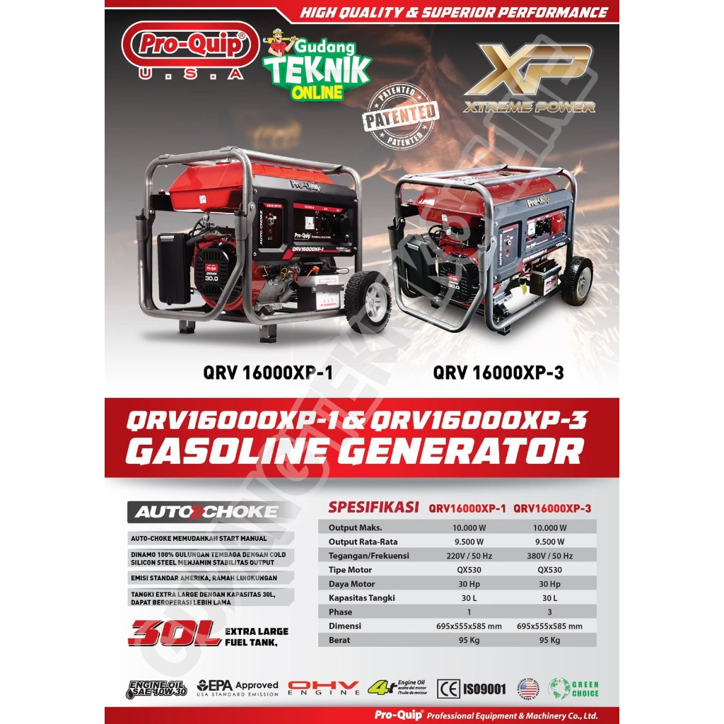Genset PROQUIP QRV16000XP 9500Watt 4Tak / Power Generator PROQUIP QRV 16000XP - Gasoline Generator Q