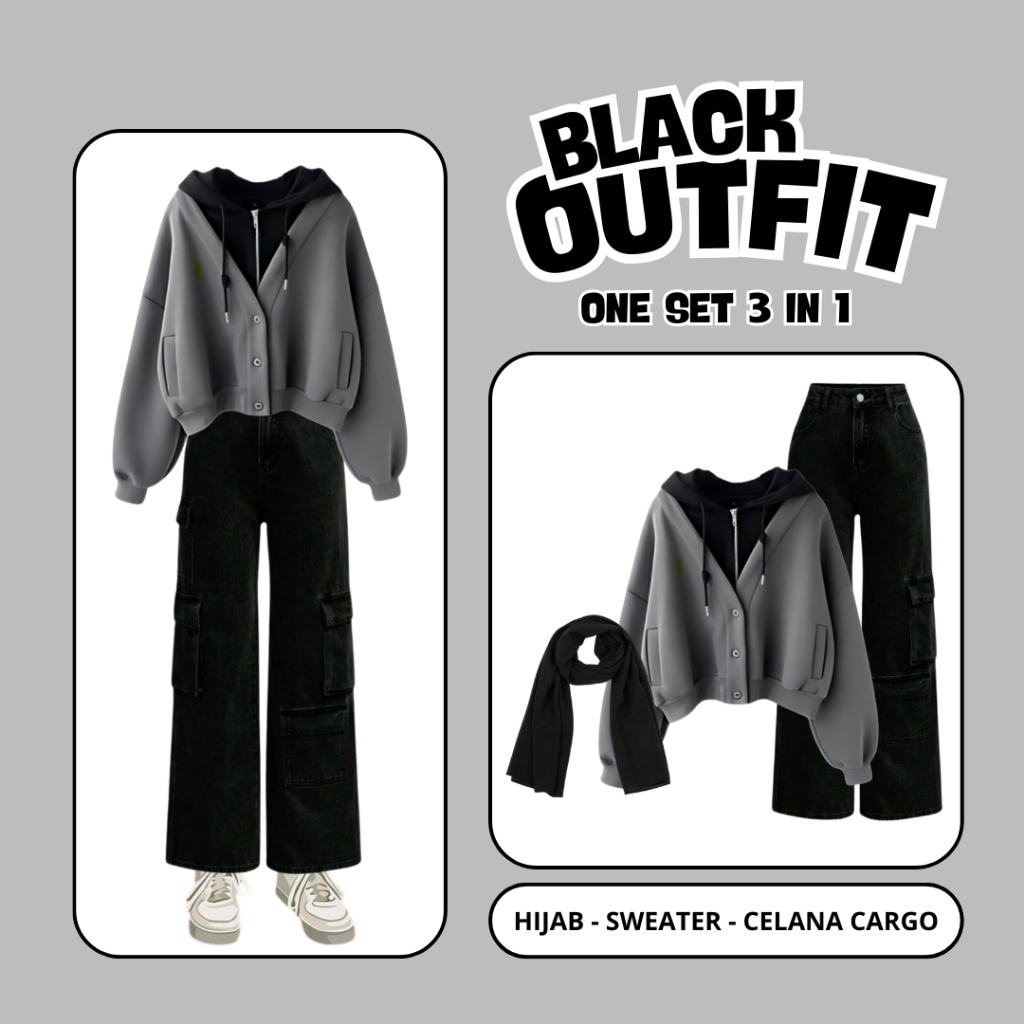 Black Outfit One Set 3 in 1 ( Sweater - Celana Cargo - Hijab ) Setelan Cewek Skena Mamba Keren Modis