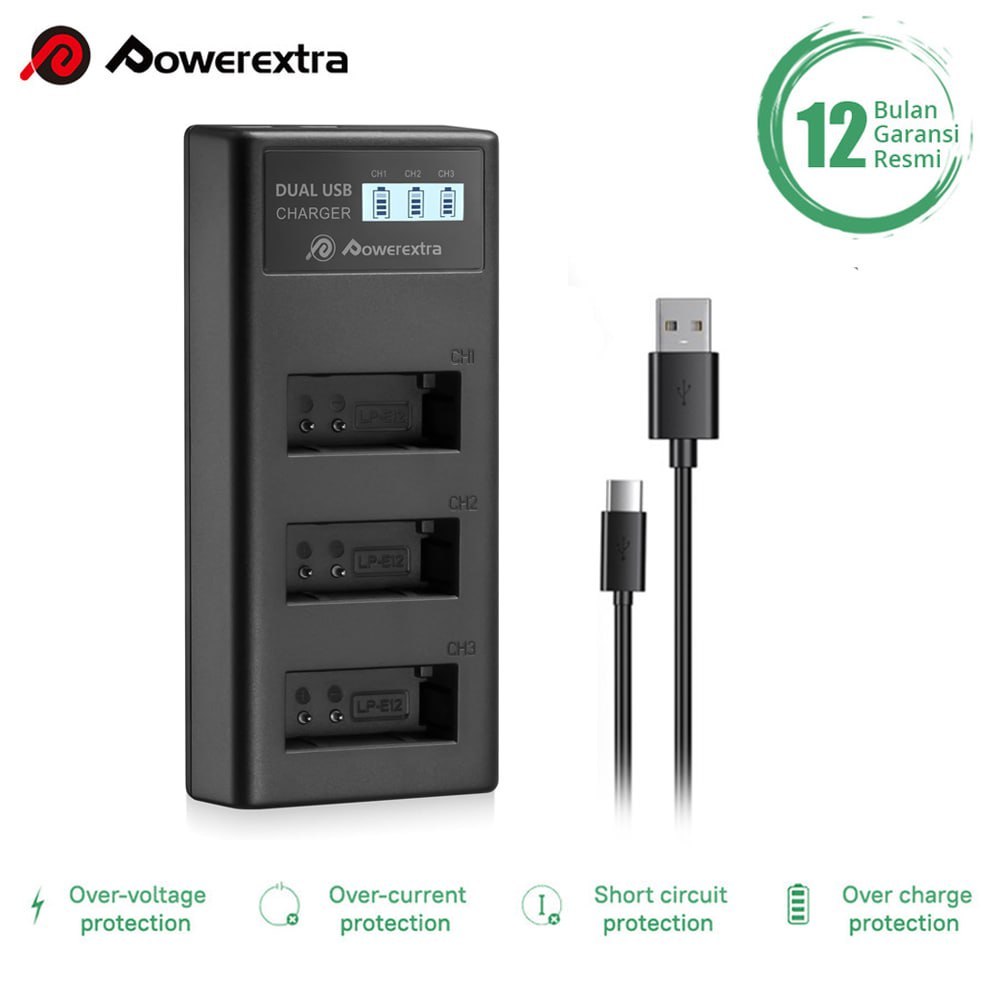 POWEREXTRA 3-Slot Charger Canon LP-E12 for EOS M EOS 100D ETC