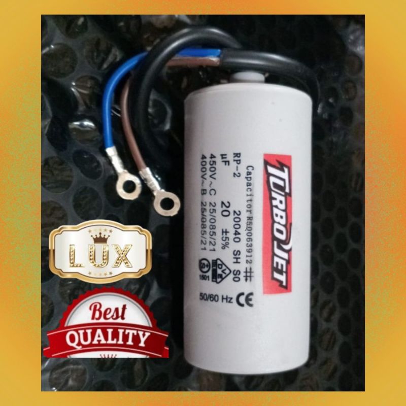 Spare part Kapasitor 2 kabel Turbo Jet 20 uf 450 v mesin pompa air leo ajm 75sa5 75s satelit sibel 2