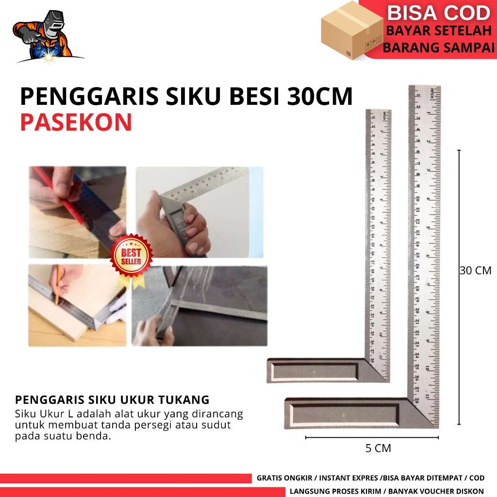 

Penggaris Siku Tukang Besi Pasekon Ukur 25 cm / 10 inch / 30 Cm / 12 inch / Grafir jumbo anti karat stainless besi kuat alat ukur Akurat