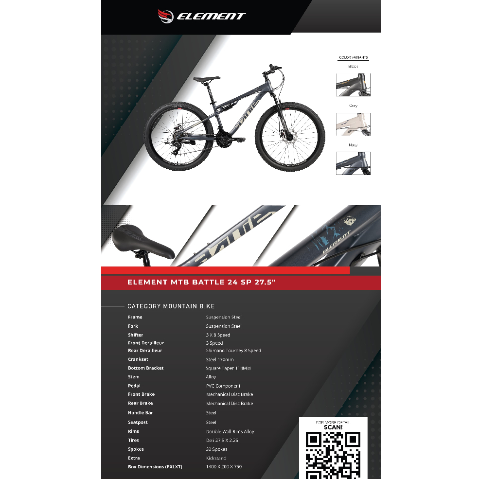 Sepeda Gunung MTB ELEMENT BATTLE Ukuran 27.5 Inch Full Suspensi Remaja Dewasa