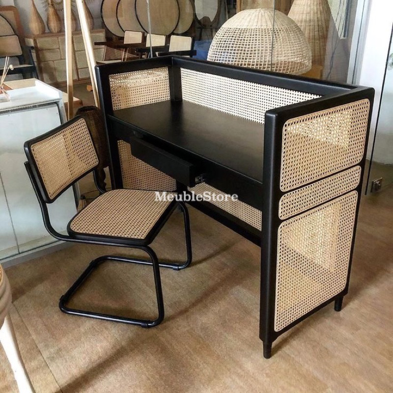 set meja kantor kayu jati dan rotan kursi kaki besi