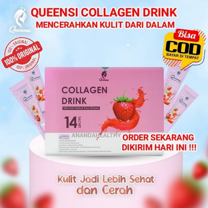 QUEENSI COLLAGEN DRINK 100% ORI RASA STRAWBERRY ISI 14 SACHET WITH KOLAGEN BOVINE PEPTIPLUS VITAMIN 