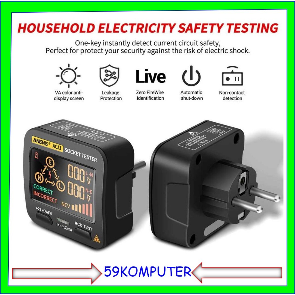 Stop Kontak Voltage Tester Socket Detector EU Plug Grounding Polarity Phase Check - AC11