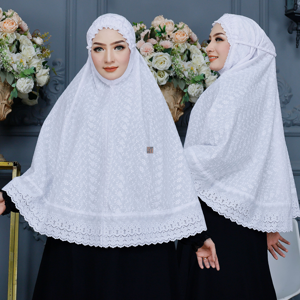 TERPOPULER Biyai - Aleena Hijab Bergo Wanita Muslim Hitam & Putih Jilbab Motif Bunga Haji Umroh