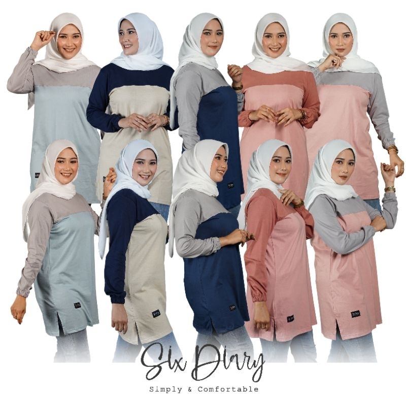 Six Diary Official Kaos Atasan Wanita Tunik Kombinasi Tangan Kerut Kombinasi Terbaru 2025