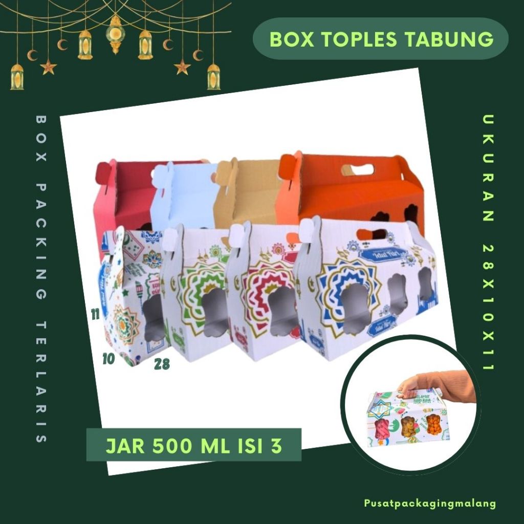 

Box Kue Kering 28x10x11 Jinjing (KUKER TOPLES JAR 500ml ISI 3) Box Jinjing Kardus Lebaran Idul Fitri Hampers Polos/Motif