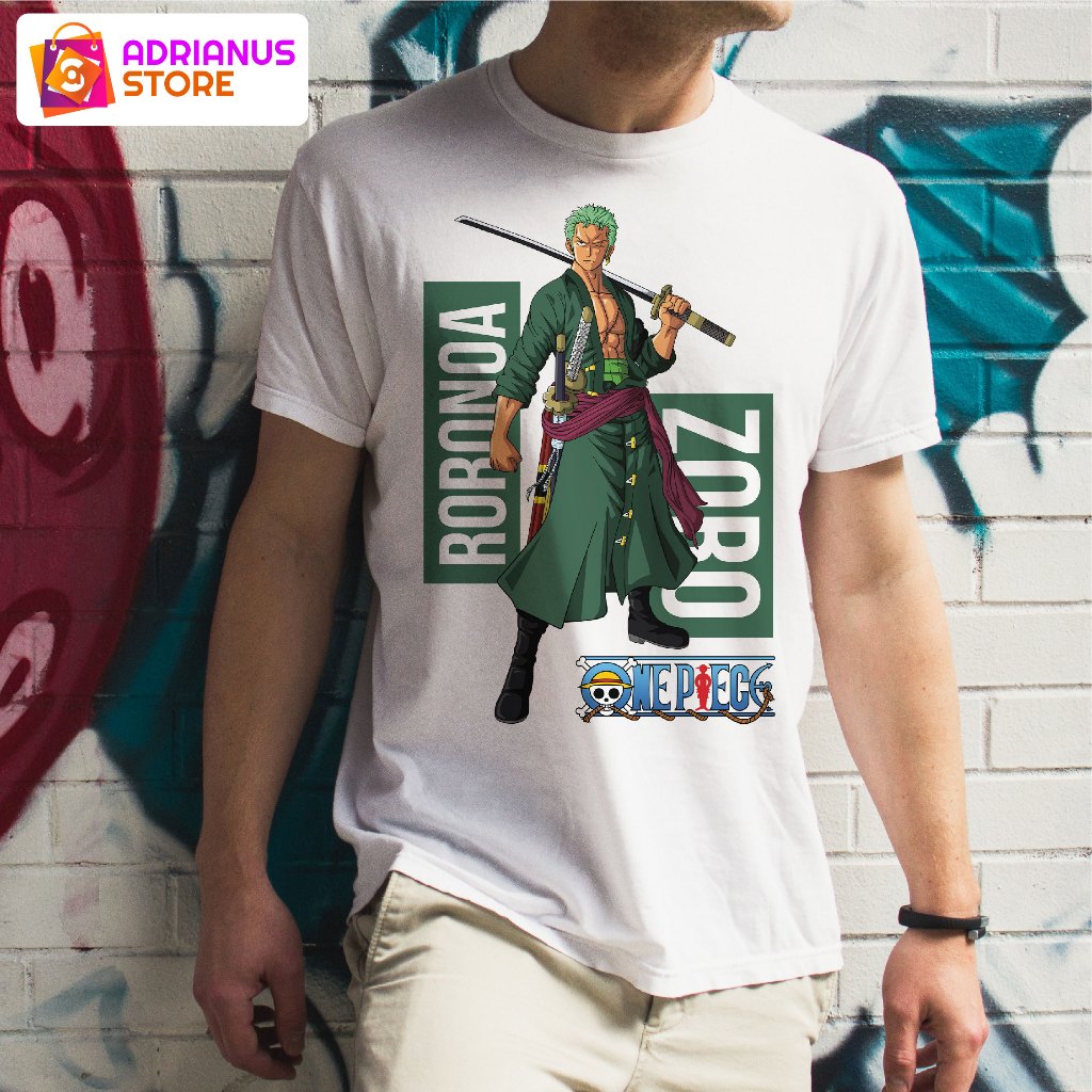 Baju Kaos Distro Atasan Putih Anime One Piece Roronoa Zoro Keren Stylish Katana