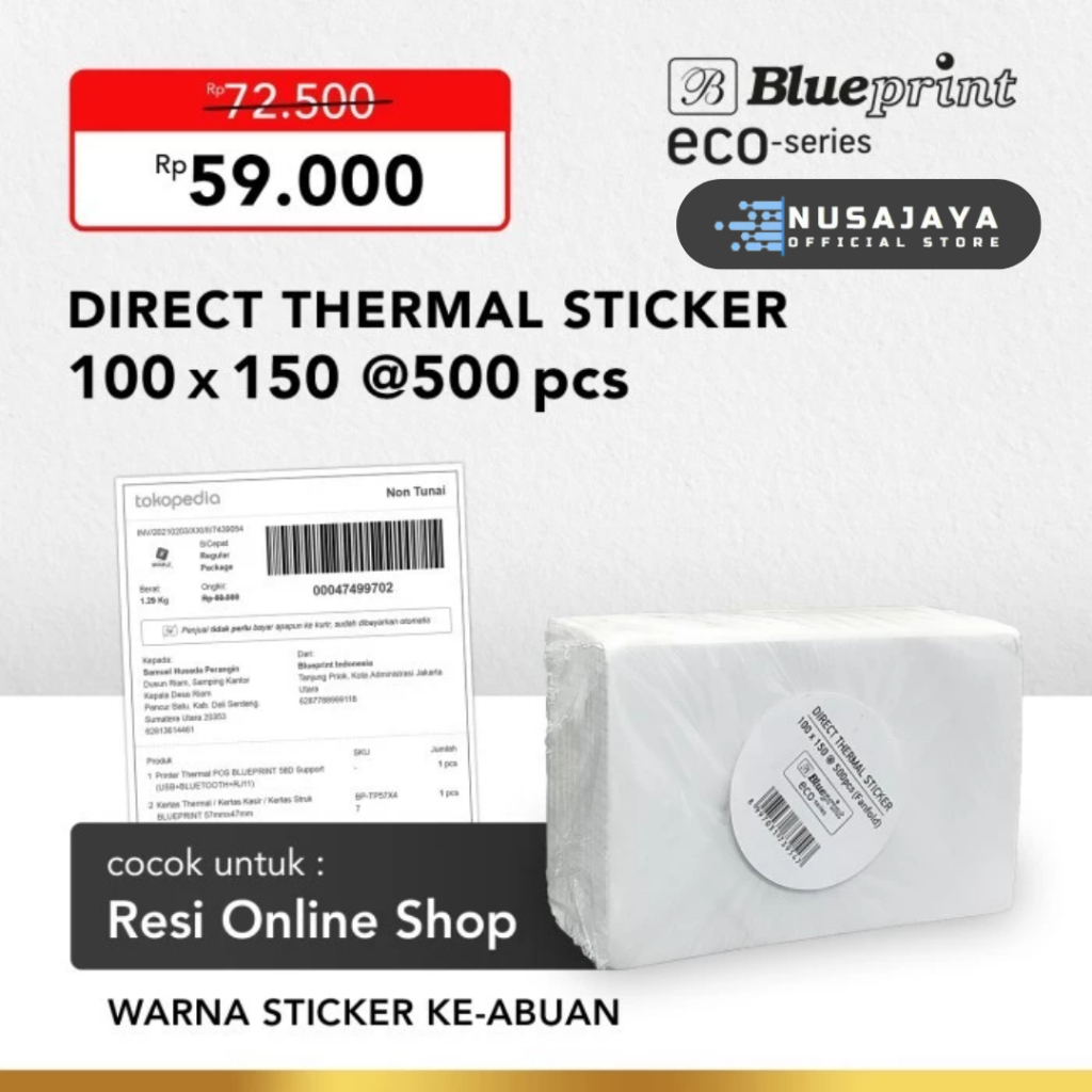 

KERTAS THERMAL STIKER LABEL RESI 100x150 BLUEPRINT ECO @500 Pcs
