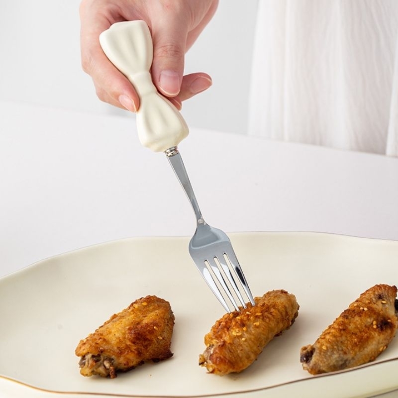 Techtopia01 Rb Set Sendok Garpu Pita Besar Keramik Stainless Dessert Korea Cantik Peralatan Makan