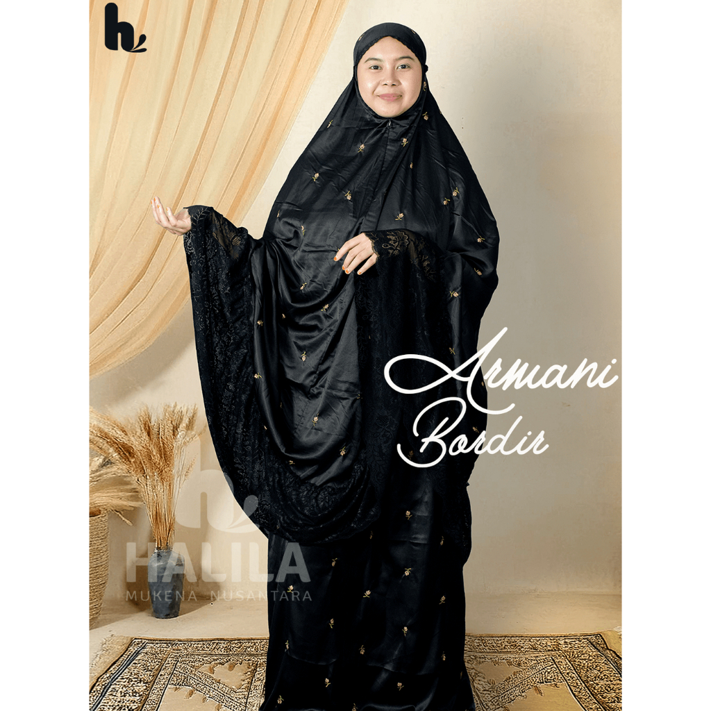 Mukena Armani Bordir Bunga Tulip | Mukena Armani Cantik | Mukena Bordir Tulip | Mukena Glossy Hitam 