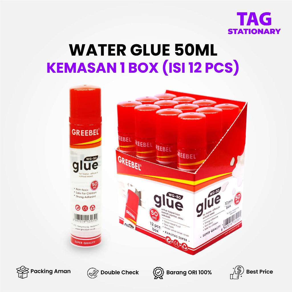 

GREEBEL Lem Cair / Water Glue 50 ML (12 PCS/BOX) / Lem Kertas Lem Kayu / Timur Agung Grosir