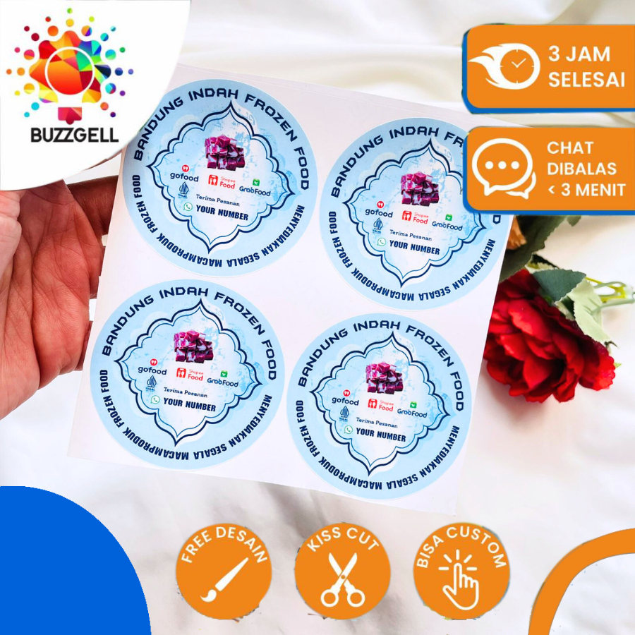 

2-4 Sticker Vinyl Frozen Food Label Anti Air Makanan Beku Free Desain Custom Nama Logo Buzgell Murah