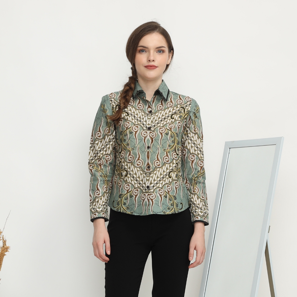 LUIGI RICCIO Kemeja Batik Wanita Casual Kerja Kantor Seragaman Couple Green Series