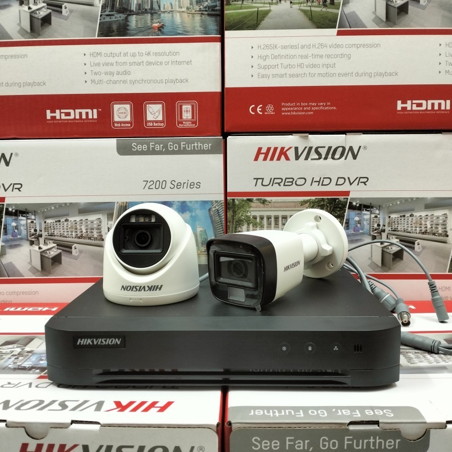 PAKET CCTV HIKVISION 4 CHANNEL 2 KAMERA 5MP BISA REKAM SUARA KOMPLIT