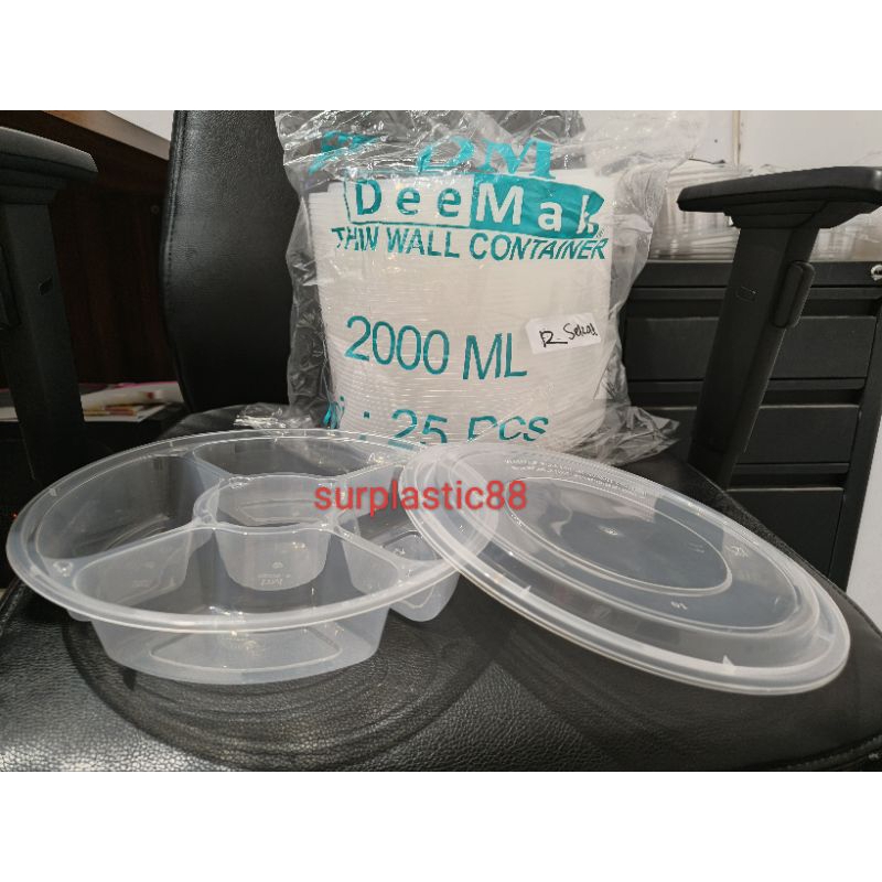 Isi 25pcs THINWALL 2000ml R BENTO SEKAT /thinwall bulat sekat makanan