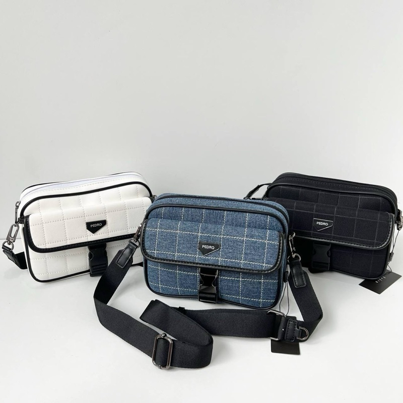 Tas Pedro laki pria selempang biru hitam putih