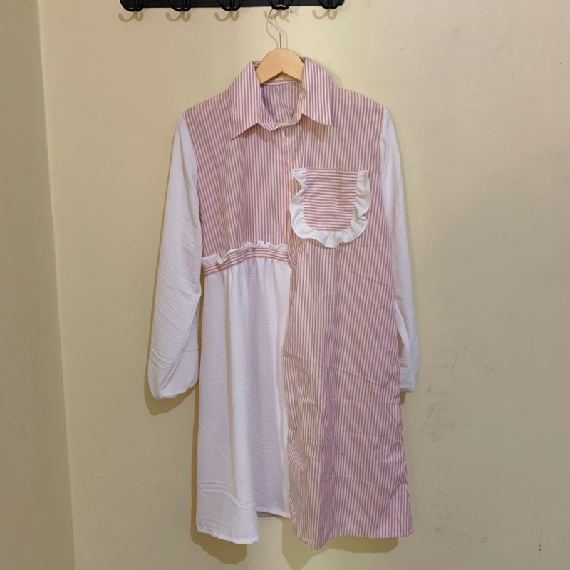 Tunik Salur Saku Ruffle - Tunik Salur Pink - Midi Dress Salur Ruffle - Midi Dress Korean Style BKK -