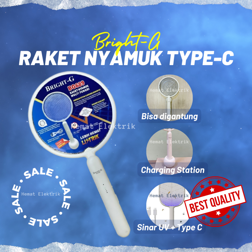 Raket Nyamuk Listrik + Sinar UV Senter LED BrightG Charger Type C Electric Swatter