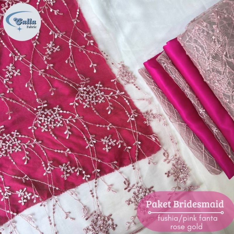 Paket Lengkap Kain Bridesmaid / Kain Satin Velvet Fushia / Pink Fanta + Brukat Tile Rose Gold