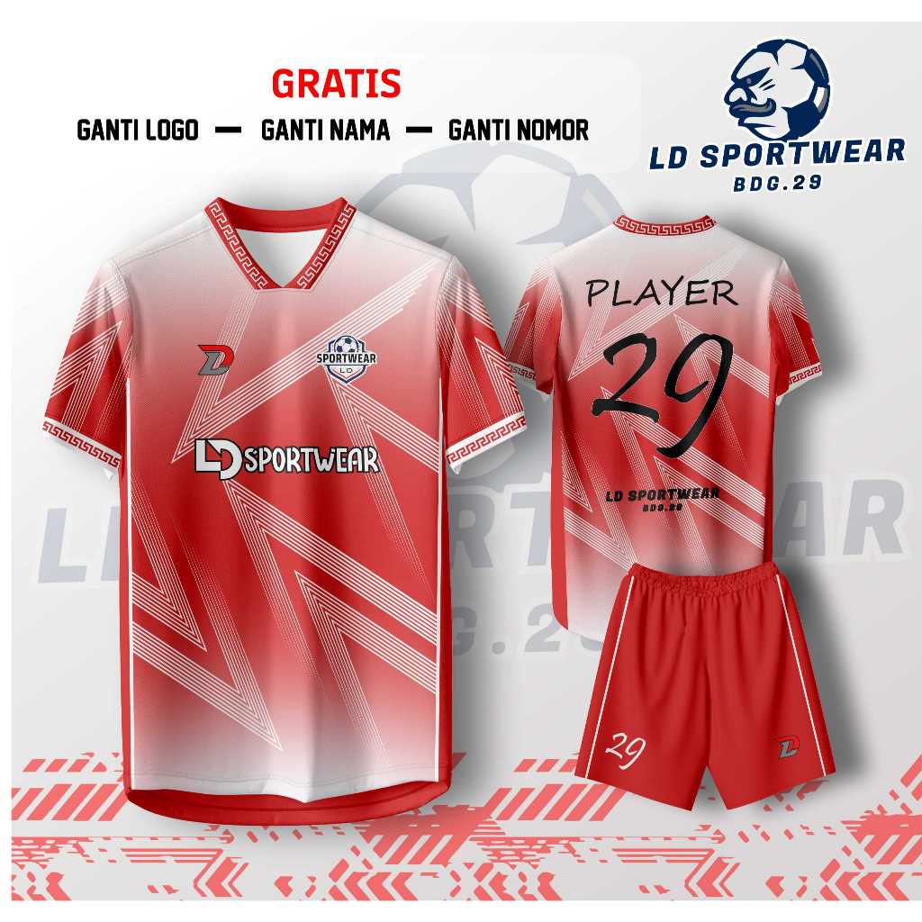 Jersey Bola Futsal A2 Merah Putih / Jersey Full Printing Free Custom Nama, logo dan Nomor Punggung