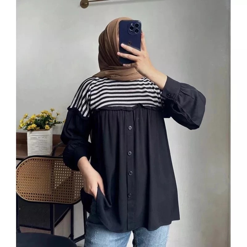 FELINE BLOUSE STRIPE KNIT MIX CRINKLE AIRFLOW FIT TO XL // ATASAN BLOUSE WANITA KOMBINASI SALUR // K