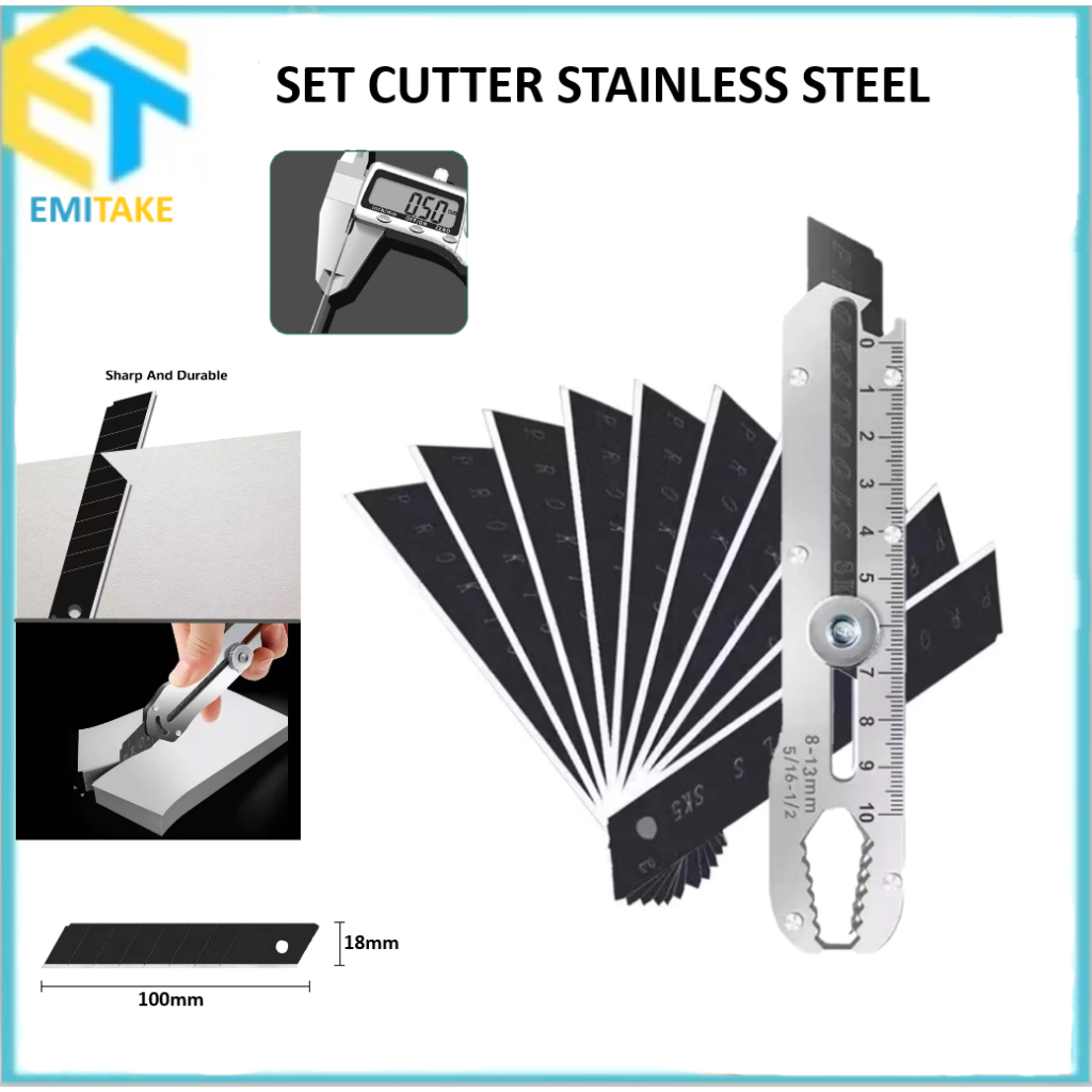 

Set Cutter Stainless 9 In 1 Multifungsi Isi 10pcs Pisau Pemotong Dengan Penggaris 10cm Kunci 8-13mm