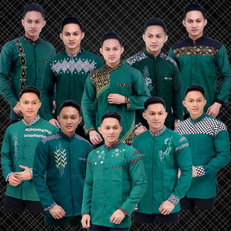 Baju Koko Pria Dewasa Panjang Kombinasi Bordir Warna Hijau Botol, Hijau Tua, Hijau Muda Termurah Kat