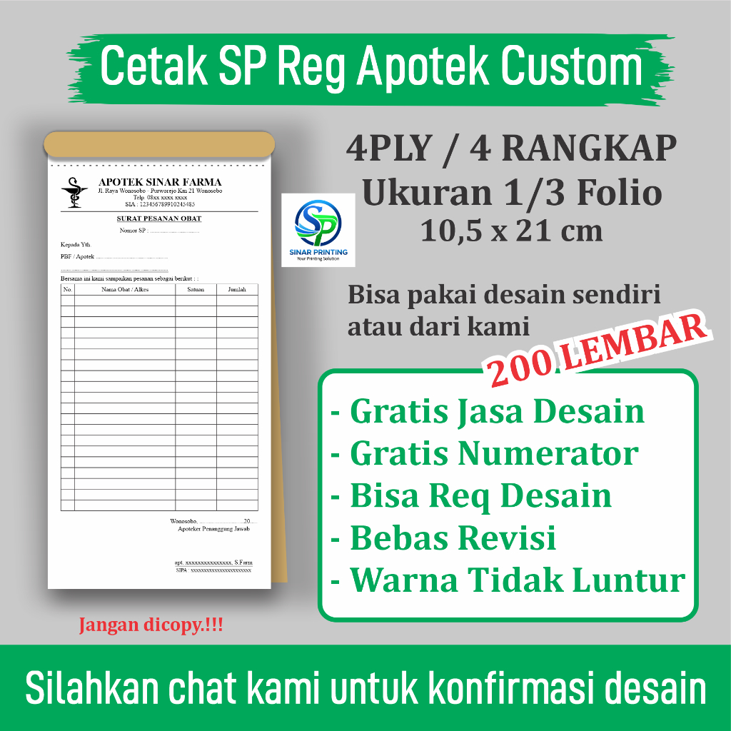 

Cetak SP Obat Apotek Custom 4PLY Ukuran 1/3 Folio Free Desain