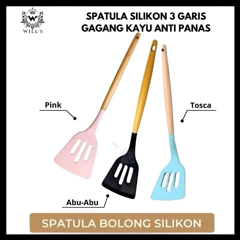 KITCHENWARE Suntil Silikon Lubang Gagang Kayu / Sodet Silikon Tahan Panas / Spatula Silikon Tahan Pa
