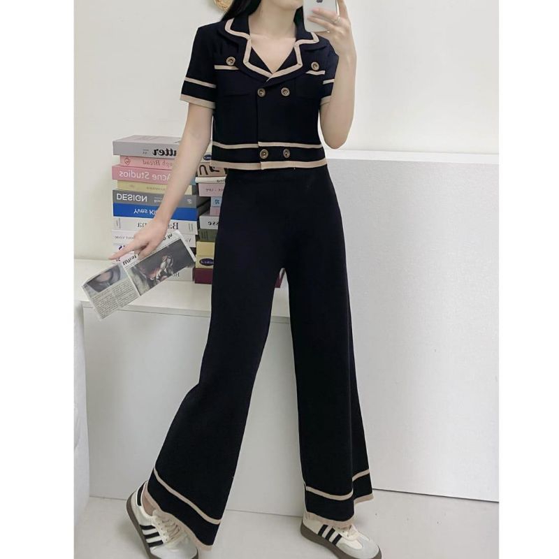 30412 Setelan oneset baju atasan blouse celana panjang rajut CARLA DOUBLE BREASTED SHORT SLEEVE & PA