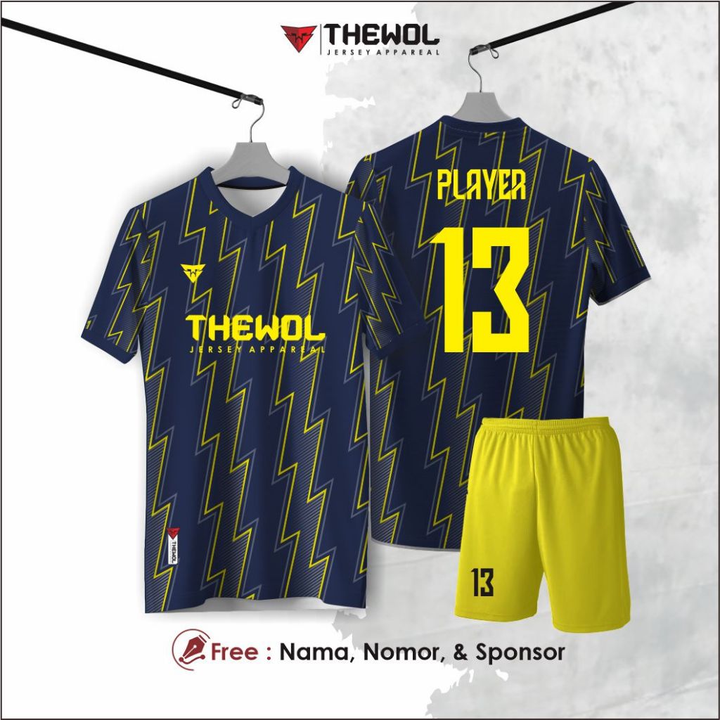 Jersey kaos futsal biru kuning full printing premium satuan