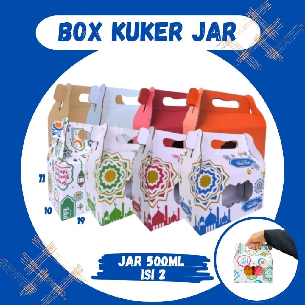 

Box Kuker 19x10x11 Jinjing (KUKER TOPLES JAR 500ml Isi 2) Kardus Kue Kering / Idul Fitri /Hampers / Lebaran / Gable Box Polos/Motif