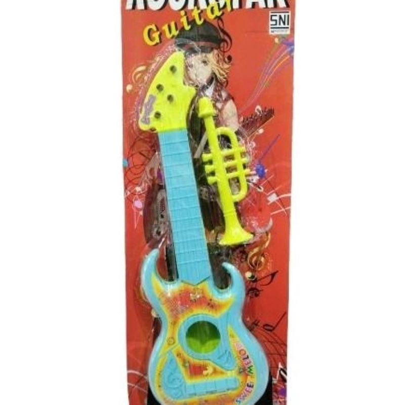 Mainan Anak Gitar Plastik Warna Cerah Lengkap dengan Terompetnya.