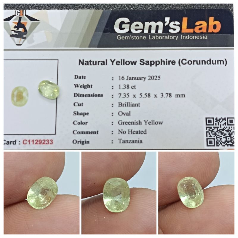 Natural Yellow sapphire Tanzania 1,3 ct certified/memo GLI Safir Afrika Top Kristal No Heat