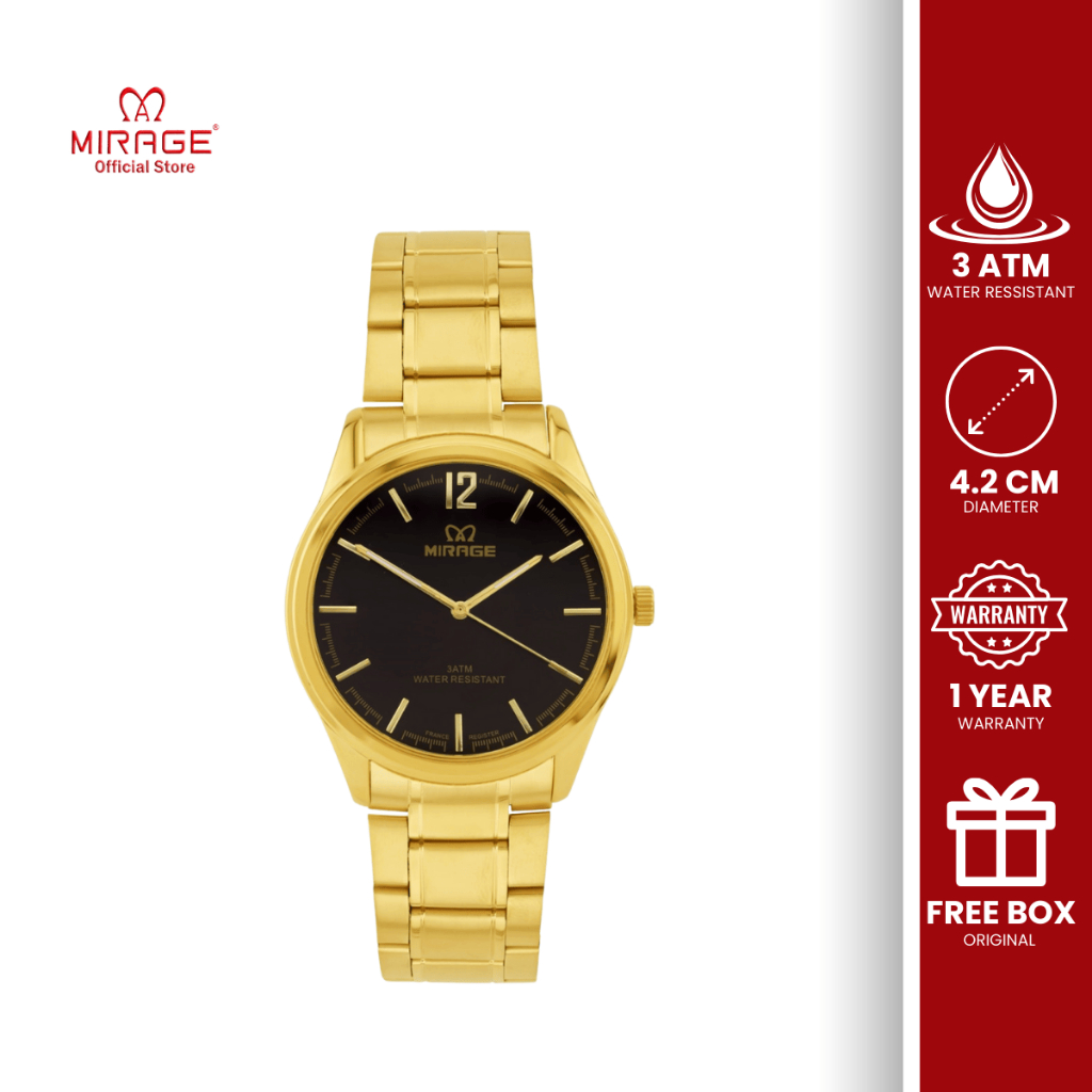 Mirage Jam Tangan Pria Analog Emas Gold Mewah Kasual Formal Anti Karat Original Stainless 8781 M