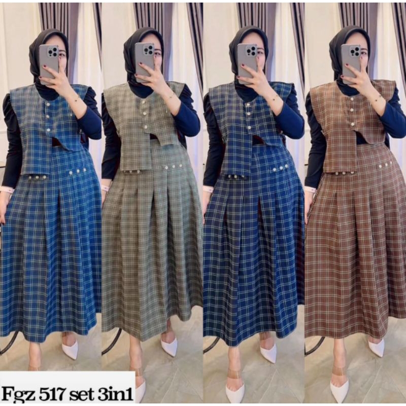 Set Rok Tartan + Vest Tartan Asimetris Kancing aktif - setrok wanita Rok panjang