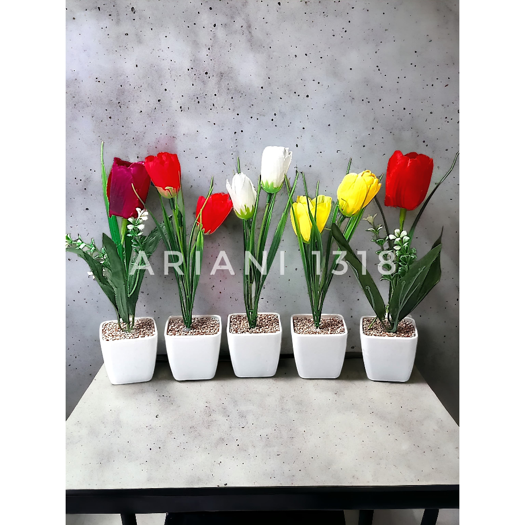 ARIANI1318 SET BUNGA PLASTIK TULIP DENGAN POT MINI DEKORASI RUMAH SHABBY CHIC