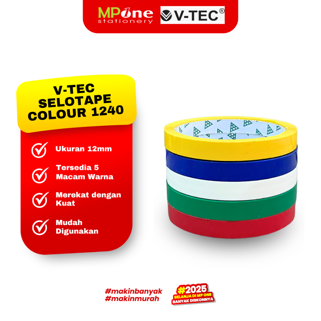 

(1 ROLL) V-Tec Solasi Warna 12mm / Isolasi Polos Warna Warni 1240 12MM V-Tec / V-TEC Selotape Colour