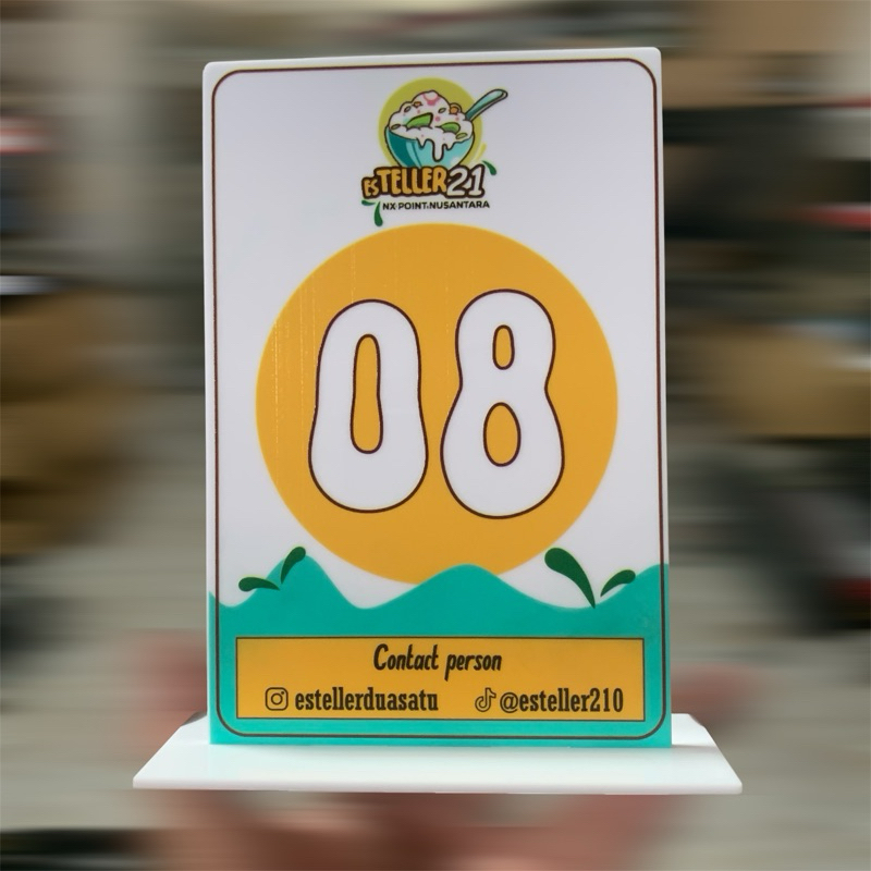 

UV 2 sisi nomor meja akrilik berdiri cafe, angkringan, resto, kedai, warung ukuran 10x15 cm dan juga 1 sisi