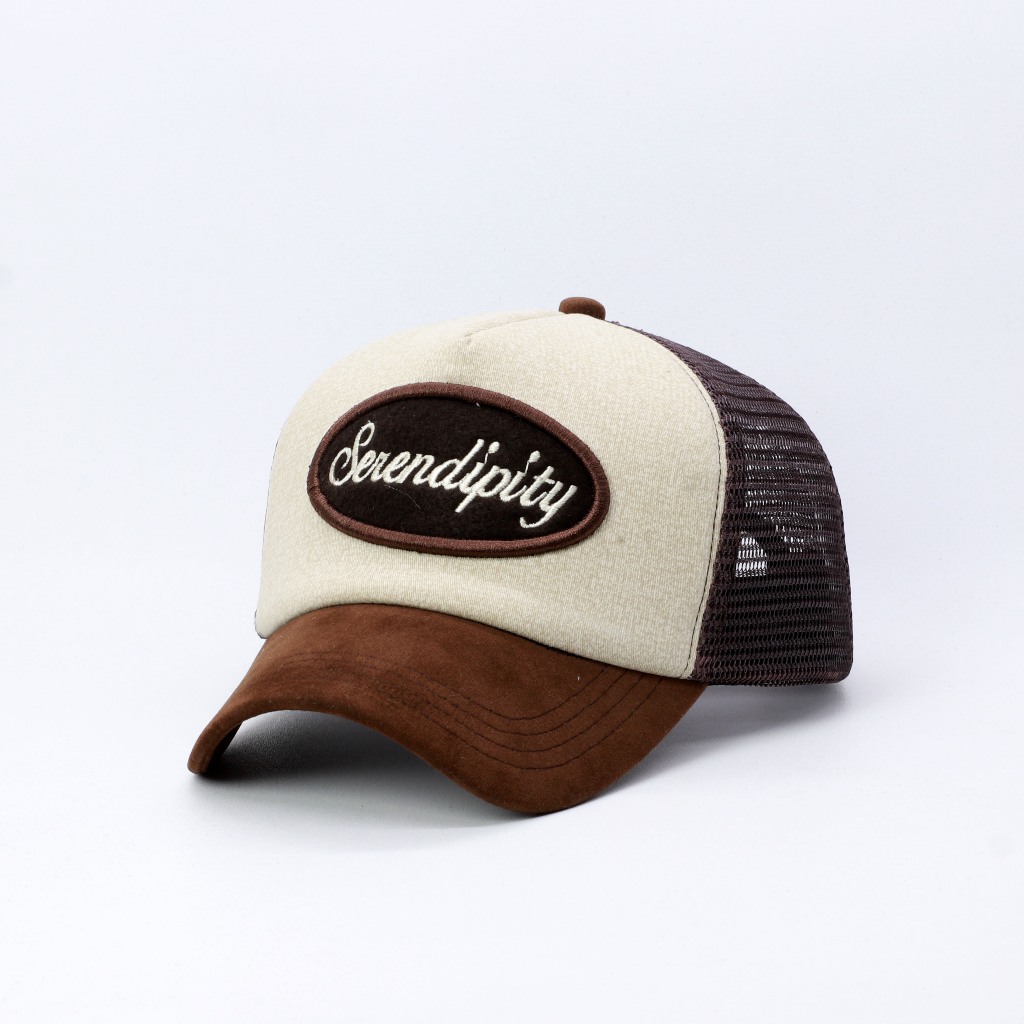 TOPI TRUCKER LIDAH PENDEK BAHAN SUEDE DARK BROWN MIX BROWN SERENDIPITY