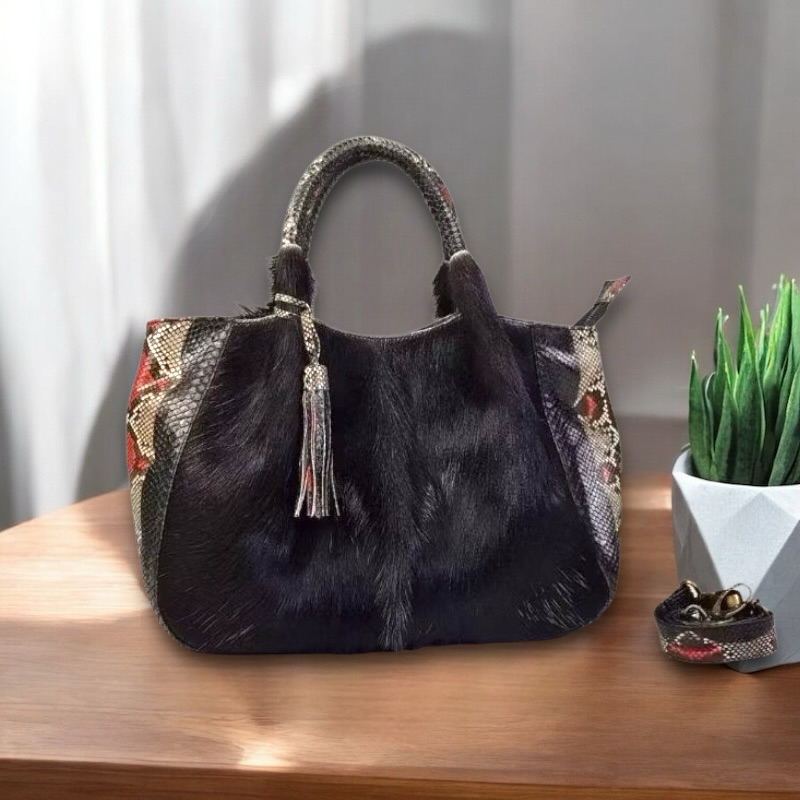 Tas Kulit Ular Piton Asli Wanita BONAWATI PHYTON MIX BULU KAMBING