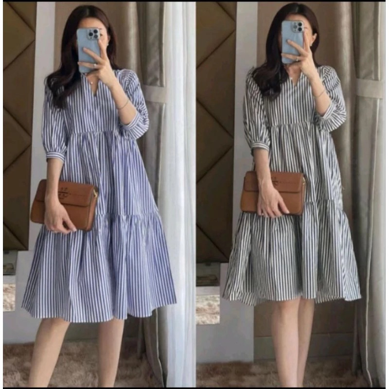 Tunik dress wanita salur terbaru tunik anggun salur dress kekinian terlaris