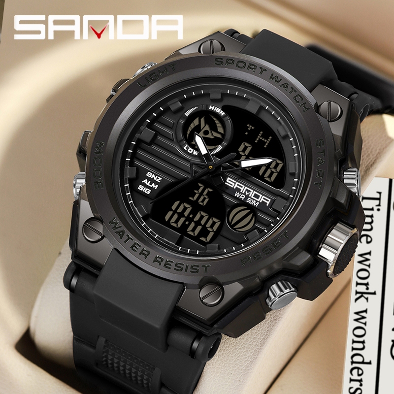 SANDA Jam Tangan Olahraga Militer Jam Tangan Pria Jam Tangan Kuarsa Tentara Tahan Benturan Gaya G Ja