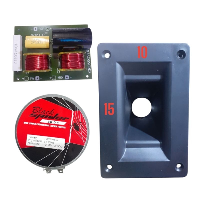 Paket Tweeter Black Spider D1 Plus Horn PVC 10X15 Dan Crossover 2 Way
