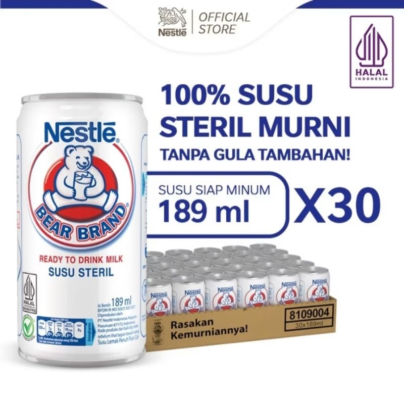 

1 Karton Isi 30pcs Susu Steril Murni Tanpa Gula Tambahan Bear Brand 189ml 100% Murni